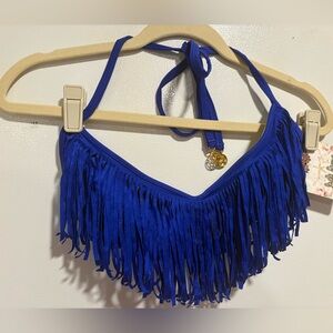 Luli Fama Cobalt Blue COSITA BUENA Fringe Halter Bikini Top